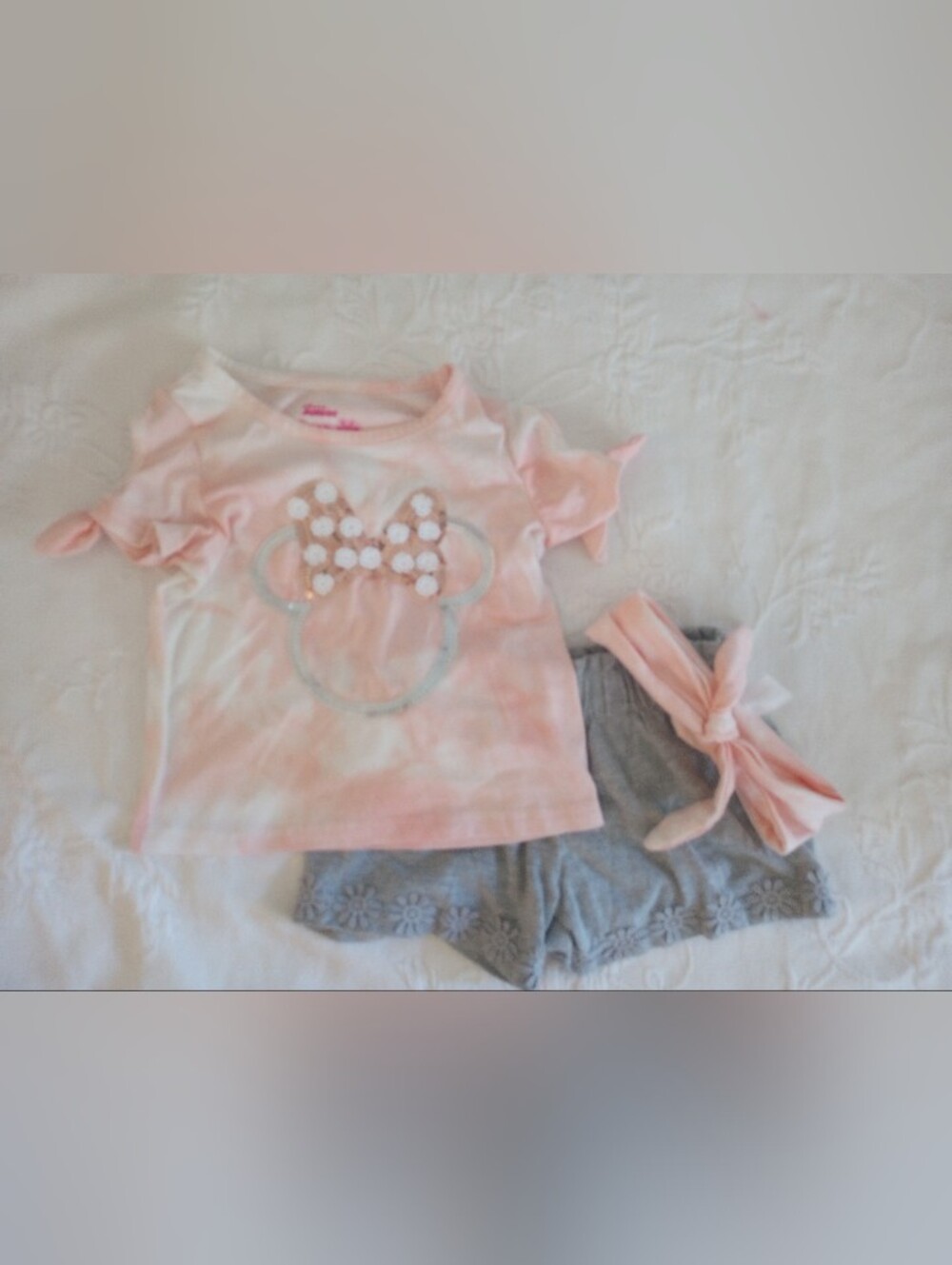 Disney Pink Minnie Mouse Top W/Gray Shorts & Pink Bow Headband Toddler 24m Set